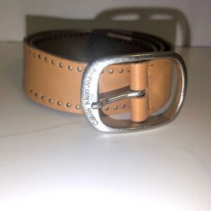Calvin Klein Jeans Tan Leather Belt w Silver Brass Buckle & Studs Women's Medium